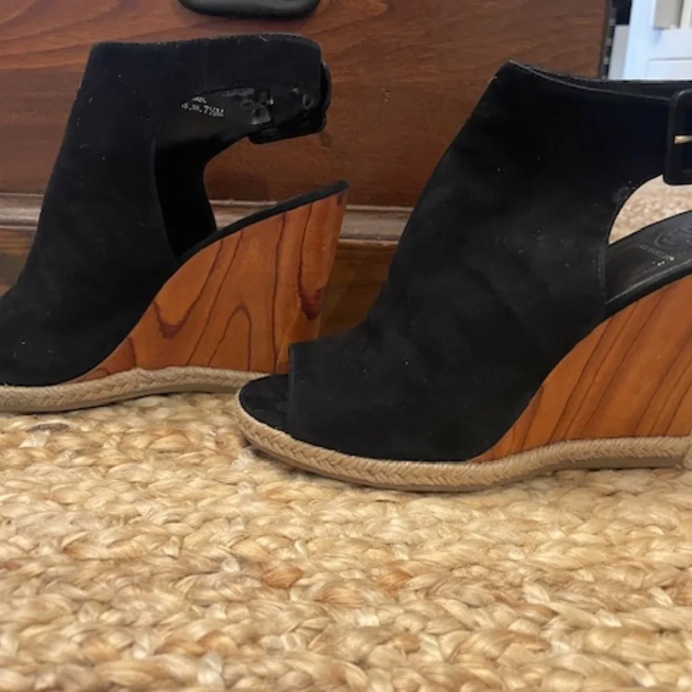 Black Suede Wedge Sandal with Wood-Effect Heel
